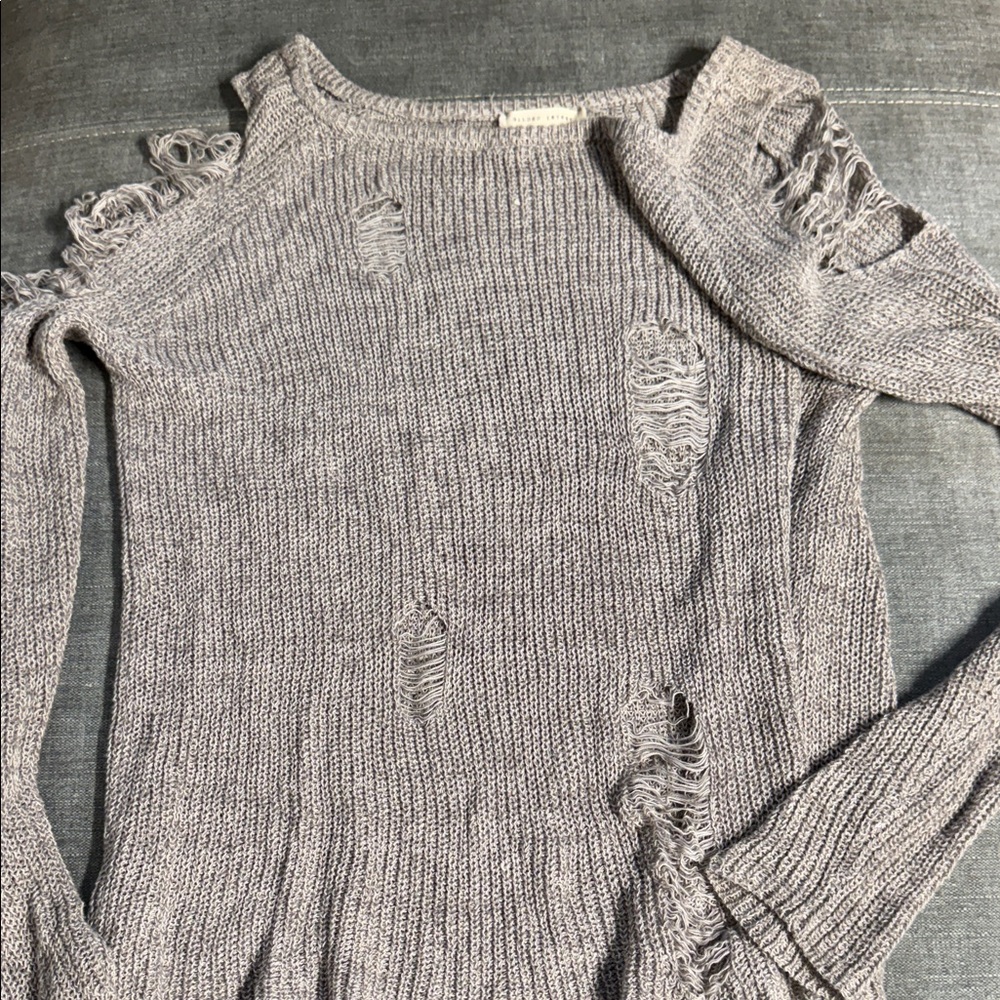 Gilded Intent Distressed Gray Sweater size large